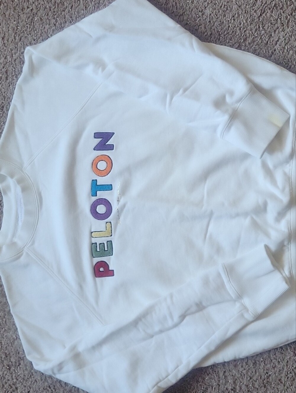 Peloton White Crewneck Sweatshirt with Multicolor Logo Letters Sz M